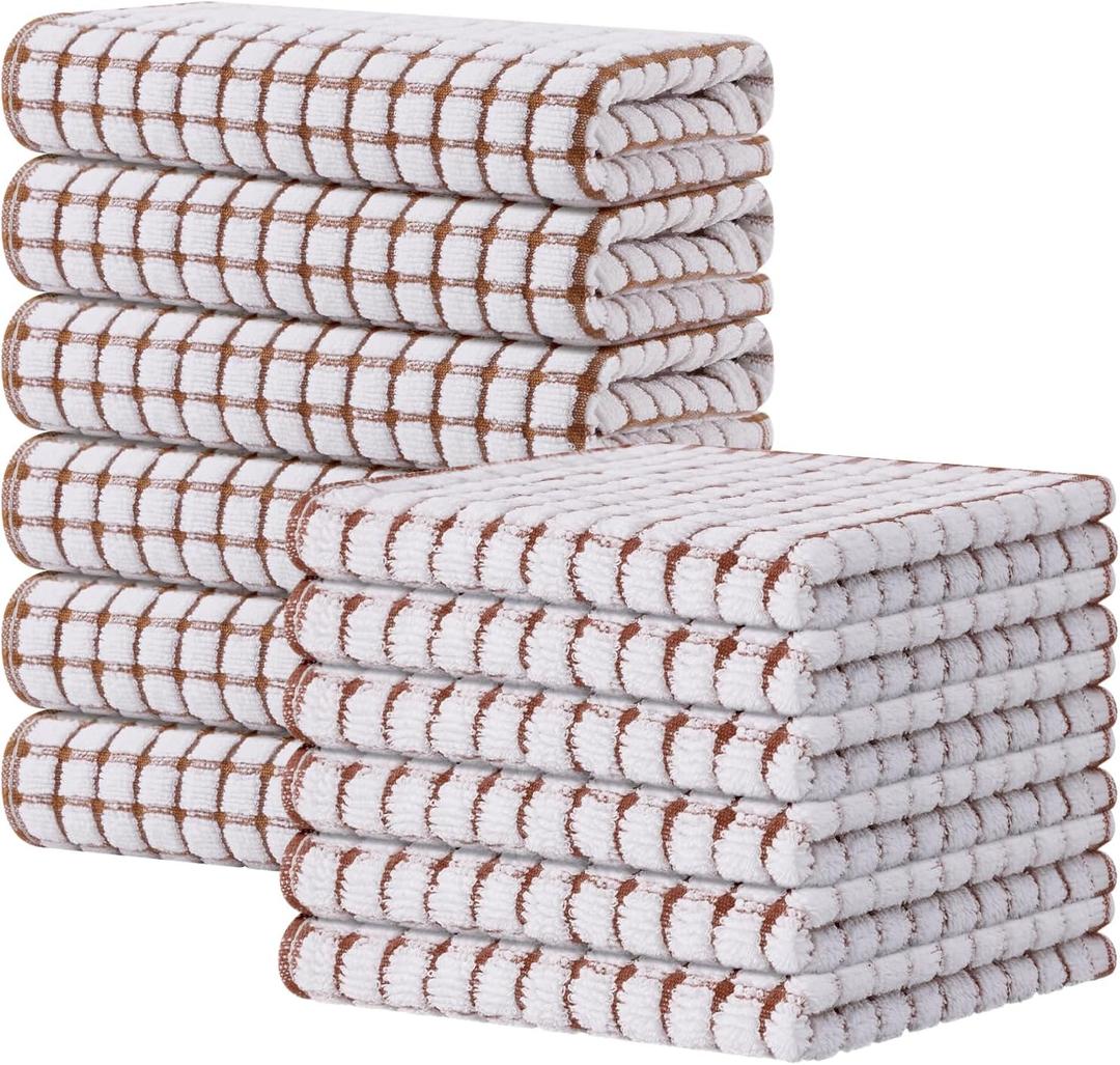 Kitinjoy Cotton 12 Pack Kitchen Towels and Dishcloths Sets, 16 x 25 Inch & 12 X 12 Inch Dish Towels Bulk, Super Soft and Absorbent Hand Towels for Kitchen Drying, Brown