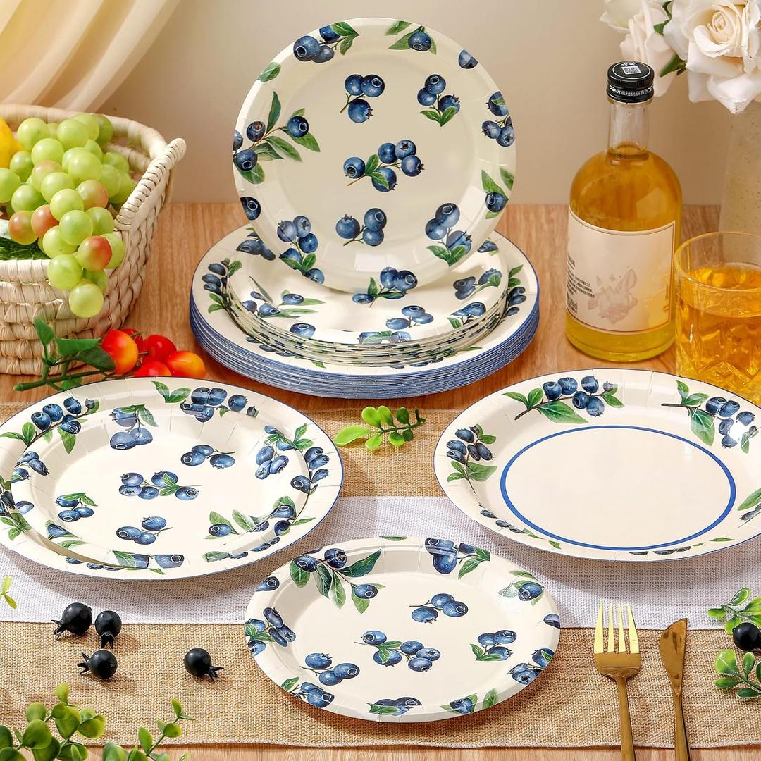 Funnymoom 48 Pcs Blueberry Paper Plates, 9" 7" Disposable Dinner Plates, 7 inches and 9 inches