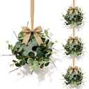4 Pcs Small Eucalyptus Hanging Wreaths for Cabinets Artificial Greenery Mini Candle Ring Wreath with White Bud Stems and Linen Ribbon for Home Kitchen Front Door Window Wall Wedding Farmhouse Decor