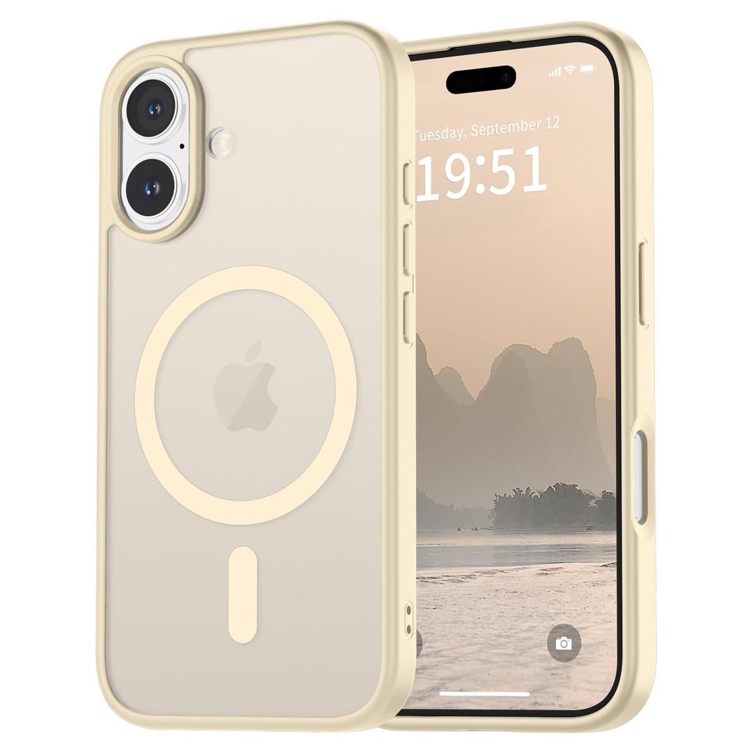 vnnink for iPhone 16 Case,Magnetic Matte Military Grade Drop Protection Translucent Cell Phone Cover - Slim Rugged Durable Shockproof Bumper Cover-Antique White