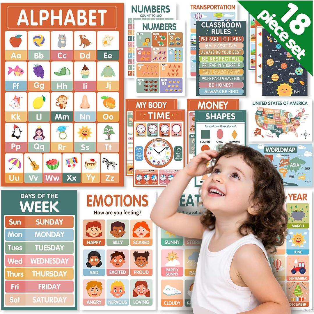 Toddler Learning Posters -18 Boho Educational Posters for Toddlers 1-5 - Laminated ABC, Numbers, Colors & Shapes Charts for Preschool & Kindergarten - Homeschool Classroom Decor (11x17" Standard Size)
