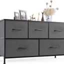 Sweetcrispy Dresser for Bedroom with 5 Storage Drawers, Fabric Storage Tower Organizer, Chest of Drawers with Metal Frame Wooden Top for Closet, Living Room, Entryway, Grey (39.4"D x 11.8"W x 20.9"H (5 Drawers))