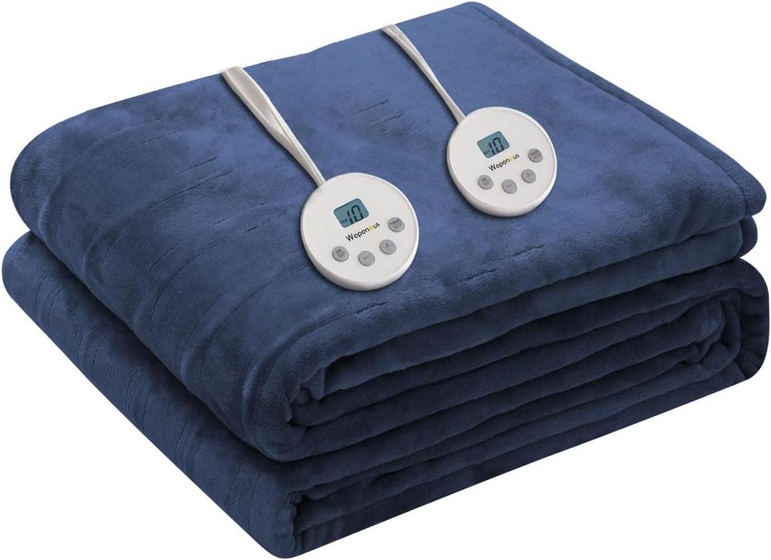 Wapaneus Heated Blanket Electric King Size 90"x100"-Dual Control with 10 Heat Levels 12 Timer Settings and 8 Hours Auto-Shut Off,Fast-Heating Electric Blanket,ETL Listed Machine Washable,Dark Blue