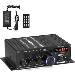 AK-380 Bluetooth 5.0 Home Audio Amplifier, Max 400W+400W 2.0CH HiFi Stereo With 12V 5A Power Supply, Wireless Receiver With USB SD BT.C FM AUX for Car Home Bar Garage