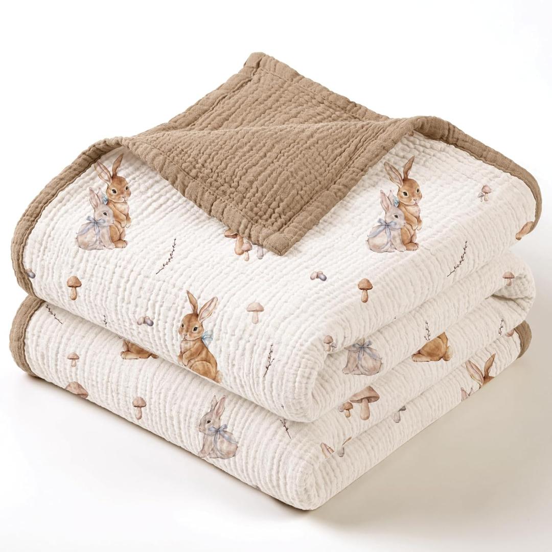 lulumoon Muslin Baby Blanket Neutral: 4-Layer Soft Cotton Toddler Blanket for Daycare with Bunny- Ideal for Baby Stroller & Tummy Time 47"x47" (Brown Bunny)