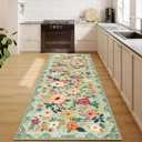 DUKINO 2x6 Kitchen Runner Rug for Hallway, Washable Runner Rug with Non Slip Backing, Low Pile Soft Boho Spring Floral Carpet for Kitchen, Hallway, Entryway, Laundry, Bedroom, Green