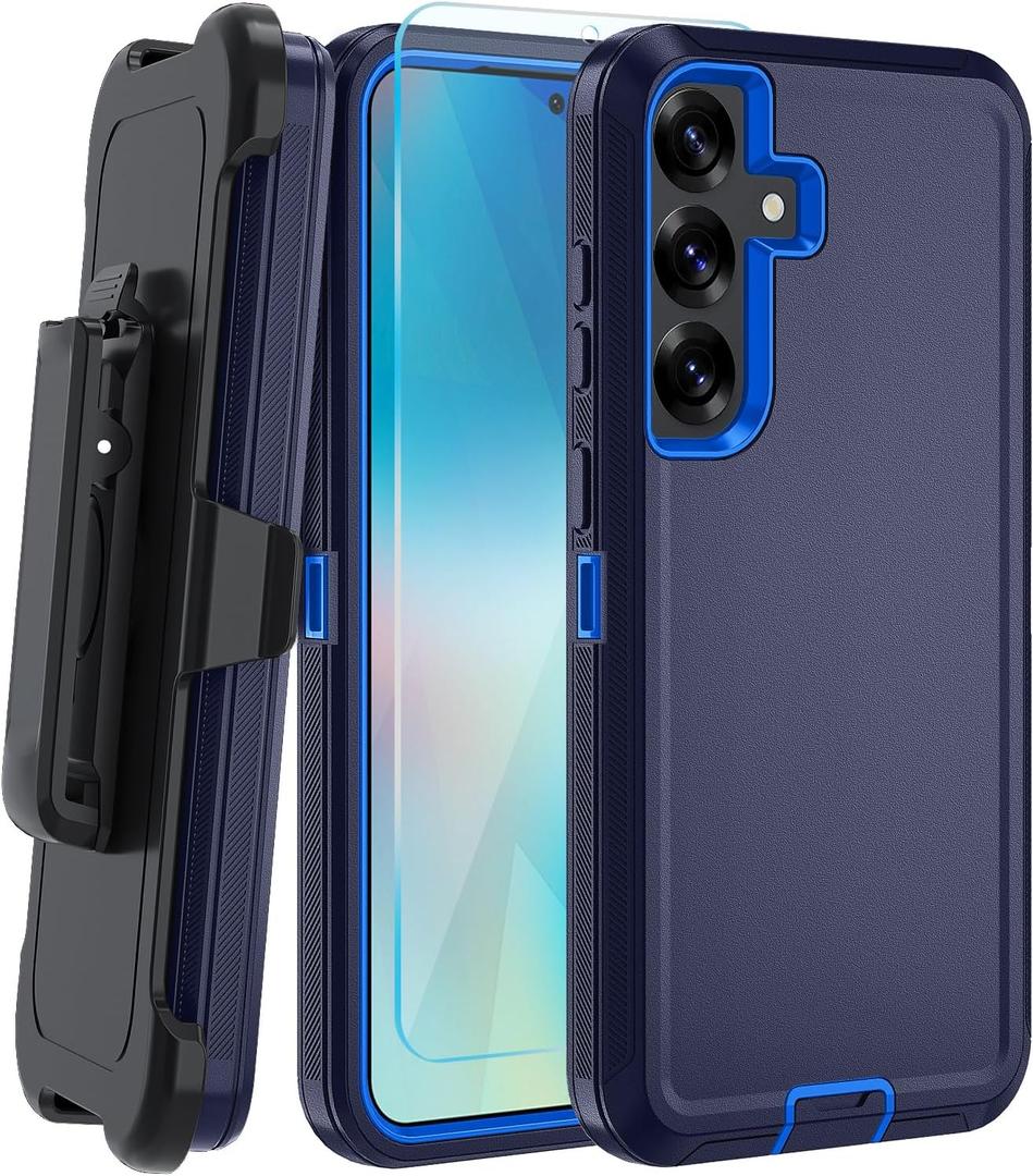 for Samsung Galaxy S25 Plus Case, with HD Tempered Glass Screen Protector, Heavy Duty Shockproof Drop Protective Rugged Tough Durable Phone Cover (with Belt Clip-Dark Blue)