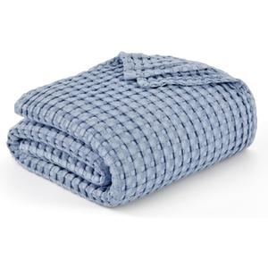 Bedsure Cooling Cotton Waffle King Size Blanket - Lightweight Breathable Summer Blanket of Rayon Derived from Bamboo for Hot Sleepers, Luxury Throws for Bed, Couch and Sofa, Fog Blue, 104x90 Inches