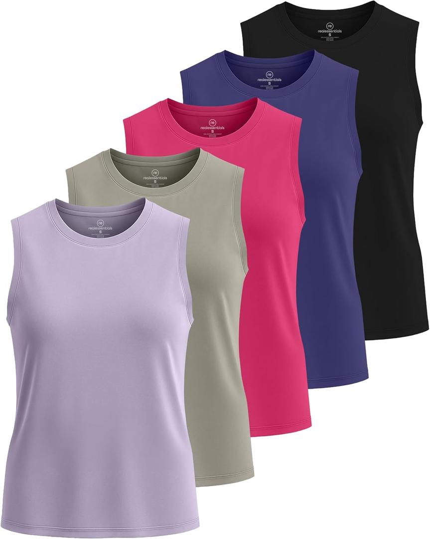 Real Essentials 5 Pack: Women's Dry-Fit Tank Top - Racerback Sleeveless T-Shirt Athletic Workout Gym Shirt, 