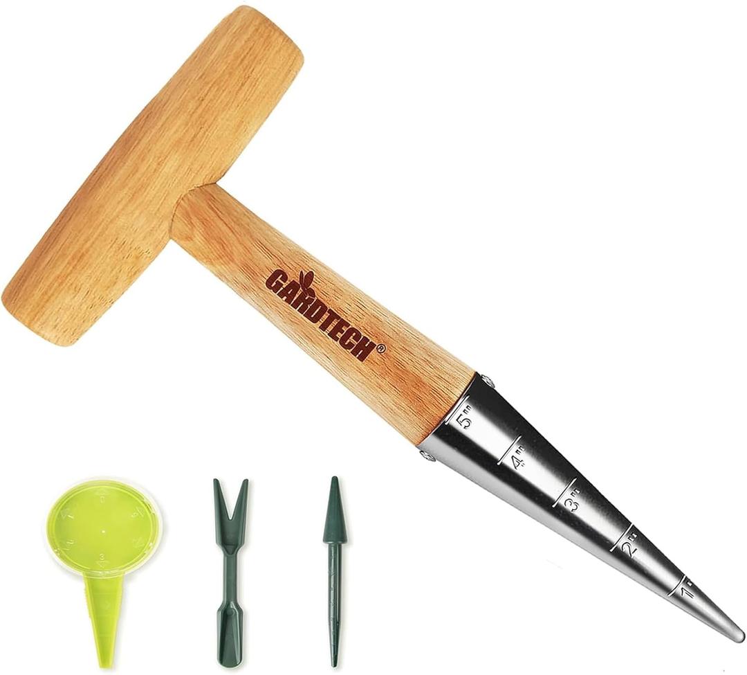 Gardtech 4 x Flower Bulb Planting Wood Tools, Stainless Steel Dibber with Calibration, Seed Plant Set Dibber & Fork, Sowing Seed Dispenser for Garden Planting