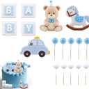 Blue Bear Cake Decoration, Cake Topper Set Baby Shower and Birthday Decorations with Bear Rocking Horse Car Letter Block Balloons for Party Decor