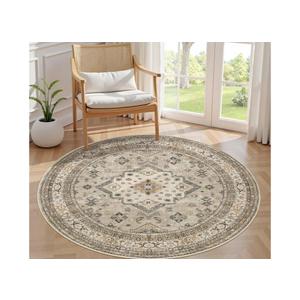 5ft Round Vintage Living Room Area Rug - 5x5 Large Soft Washable Oriental Traditional Distressed Farmhouse Rugs for Bedroom - Indoor Floor Accent Carpet for Home Office House Decor - Beige