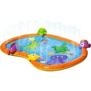 BANZAI Splash Pad Toddler Water Play Mat, 58in Outdoor Kids Sprinkler Mat with 3D Sea Characters, Baby Splash Pad for Backyard Summer Fun