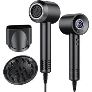 Hair Dryer, 180,000 RPM High-Speed Ionic Blow Dryer with Brushless Motor, 500 Million Negative Ions, LED Display, Low-Noise Professional Hairdryer for Fast Drying, Magnetic Diffuser for Home & Travel