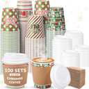 Cunhill 100 Sets Christmas Disposable Coffee Cups with Lids and Sleeves Christmas Paper Cups for Holiday Party Drinks Cold Beverage Hot Cocoa Chocolate Drinking (12 oz)