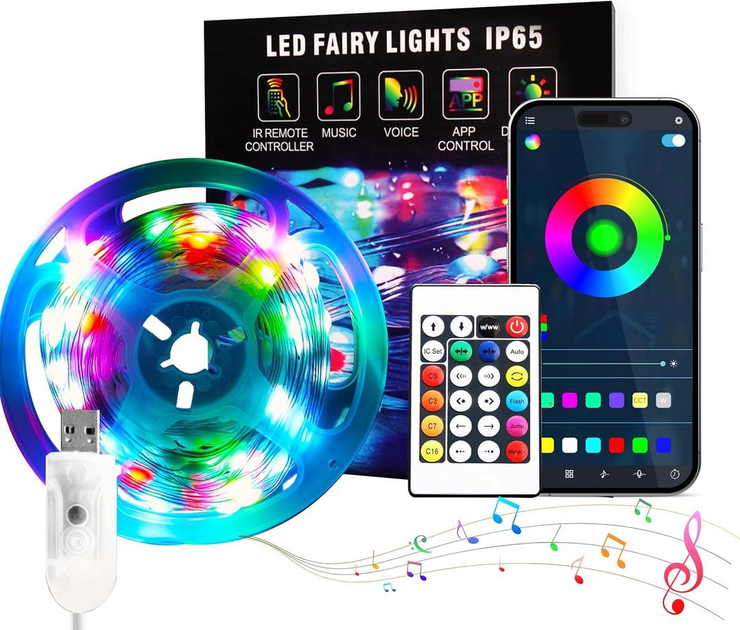 ORALUCE Smart Fairy Lights with IR Remote Plug in, IP65 33Ft 100 LED Fairy Light for Bedroom USB Bluetooth APP Control, RGB Color Changing Outdoor String Lights, Music Sync Twinkle for Outdoor Party