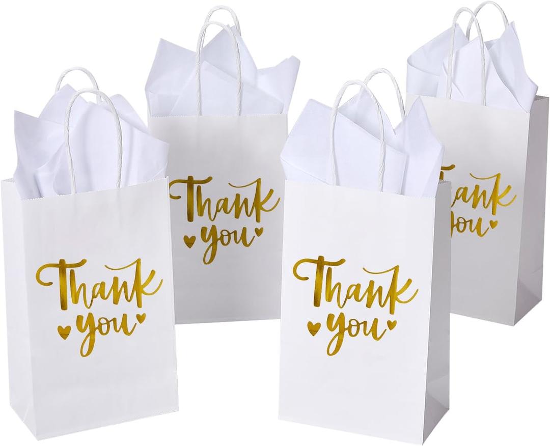 DjinnGlory 50 Pack Small White & Gold Foil Thank You Paper Gift Bags with Handles 9 x5.5 x3.15 Inch and 50 Tissue Paper for Wedding Baby Shower Birthday Mother's Day Graduation Favors Goodies