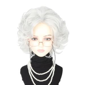 Old Lady Wig Costume Set Short Curly Beige Grey Granny Wig for Women 100 Years Old Woman Wigs for Halloween Party Cosplay Theatre Dress Up
