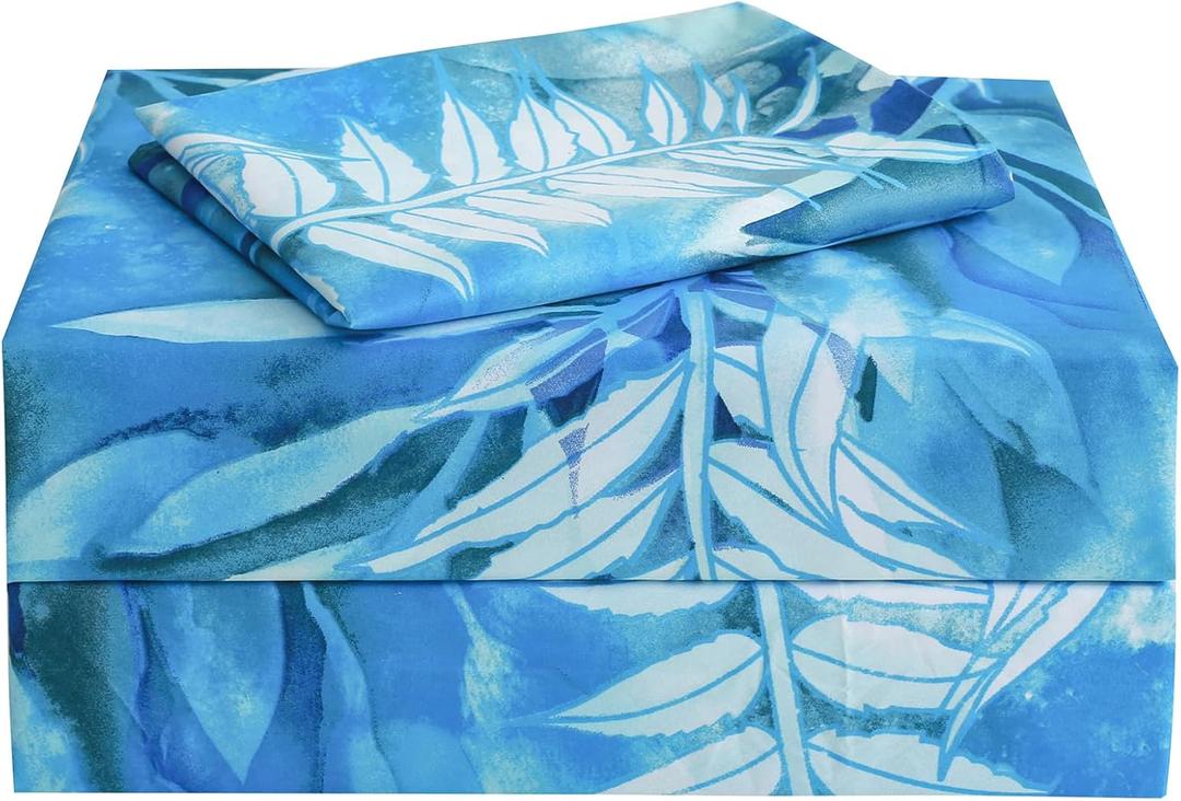 JSD Teal Blue Tropical Leaves Sheet Set Twin Size, 3 Piece Printed Microfiber Sheets Extra Deep Pocket Wrinkle Free