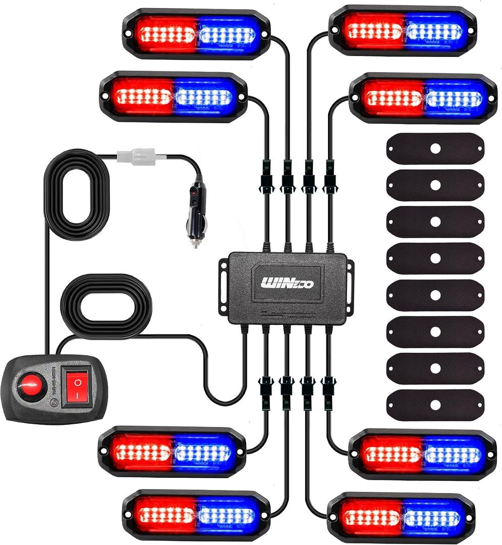 WINECO 8PCS LED Strobe Lights 12V Sync Feature Red Blue 12LED Emergency Hazard Warning Lights with Strobe Controller for Trucks Vehicles ATV RV Cars Van