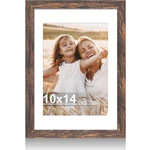 Hongkee 10x14 Picture Frame with Real Glass - 8x12 Wooden Frame with Mat, Horizontal and Vertical Display for Wall or Tabletop (Rustic Brown, 1 Pack)