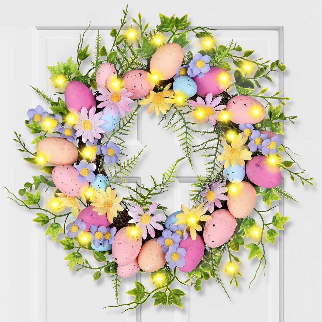 Easter Egg Wreath for Front Door - Pastel Eggs & Daisy Decor Porch Window Spring Wreaths with Fern Foliage Indoor Outdoor Decor for Easter Holiday Celebrations Decorations
