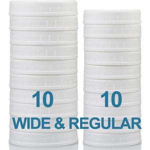 AOZITA 10 WIDE Mouth & 10 REGULAR Mouth Mason Jar Lids - 20 Pack Food Grade Plastic Mason Jar Caps for Ball, Kerr and More Canning Jars - Leakproof & Dishwasher Safe - White