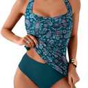 Eomenie Womens Halter Tankini Bathing Suit Ruched Tummy Control Two Piece Swimsuit with Bottom, L
