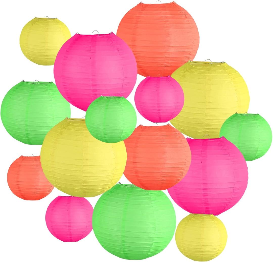 Glow in The Dark Party Supplies, Neon Party Decorations, Colorful Round Hanging Paper Lanterns Decorations for Neon Themed Birthday Wedding Baby Shower Home and Bar Decor, 15Pcs