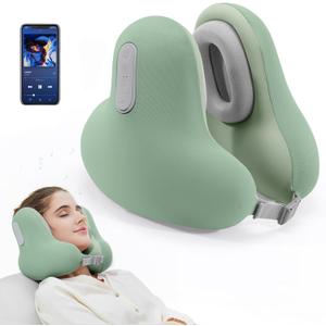 Travel Neck Pillow with Bluetooth Headset, Memory Foam Airplane Pillow for Head Support, Ergonomic Design Traveling Music Pillow for Home, Flight, Car with Adjustable Buckle and Drawstring Bag(Green)