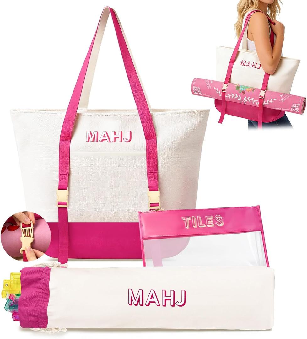 Empty Mahjong Tile Bags Set for American Tiles and Racks,Canvas Tote Bag with Mat Holder Accessories Organizer,Portable Mahjong Case Drawstring Protective Sleeve for Rack Pushers,Rose Red