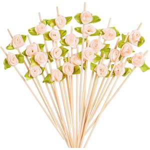 Rose Cocktail Picks - 100 Counts Cute Flower Long Toothpicks for Appetizers, Decorative Bamboo Sticks for Party Wedding, Fancy Mini Skewers for Food Fruit and Drinks (Pink)