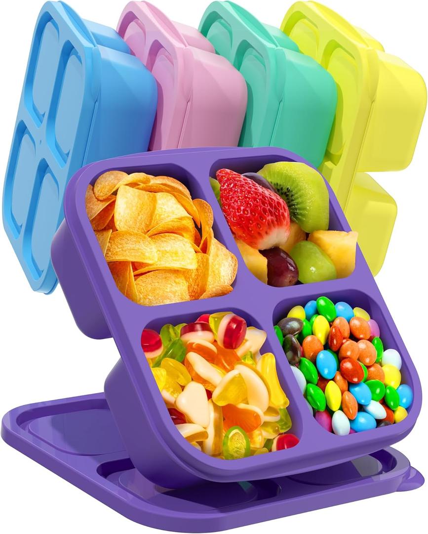5 PCS Bento Snack Containers, Reusable 4 Compartment Divided Food Storage Containers, Divided Lunchable Container for School, Work and Travel (Multicolor) (Colorful Lids)