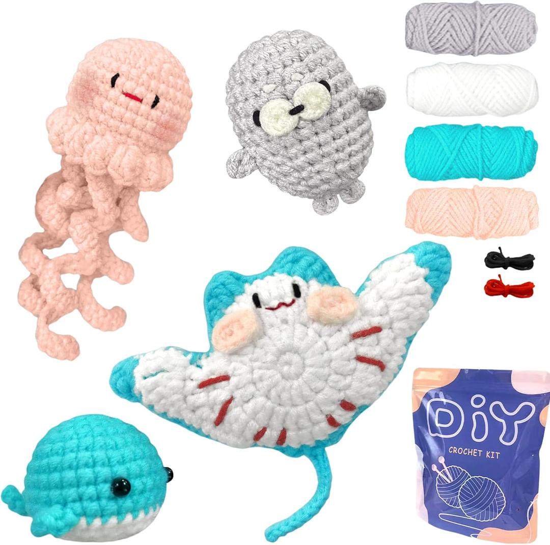 YAMAXIN Crochet Kit for Beginners  Ocean Animal Amigurumi DIY Yarn Kit with Step-by-Step Instructions, Tools & Soft Yarn  4 Pack Crochet Kit Gift for Adults, Teens & Kids (Pink and Blue)