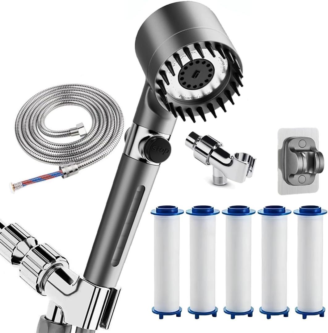 Shower Drops Head Filtered Showerhead With Five Filters,Filtered Shower Head With Handheld,High Pressure Turbo Showerhead,Reusable,Adjustable Settings With Hose 5-piece set