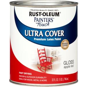 Rust-Oleum 1966502 Painter's Touch Brush Acrylic Latex Paint, 1 Quarts (Pack of 1), Gloss Apple Red, 32.0 Fl Oz