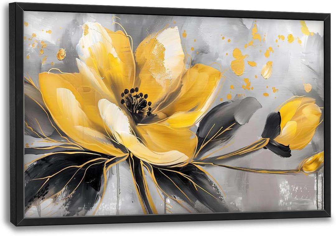 Framed Large Wall Art for Living Room, Yellow Floral Canvas Wall Decor, Gold Flower Pictures Painting, Natural Landscape Artwork for Living Room Bedroom Office 36L''  24W''