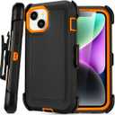for iPhone 14 Case with Clip Belt Holster, Heavy Duty Military Grade Drop Protective Case for iPhone 14 6.1 case (Black+Orange)