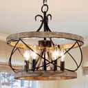 20" Farmhouse Chandelier, Rustic Drum Chandelier Light Fixture Over Table, 5-Light Pendent Light for Dining Room Vintage Wood Chandelier for Bedroom Hanging Lamp for Kitchen