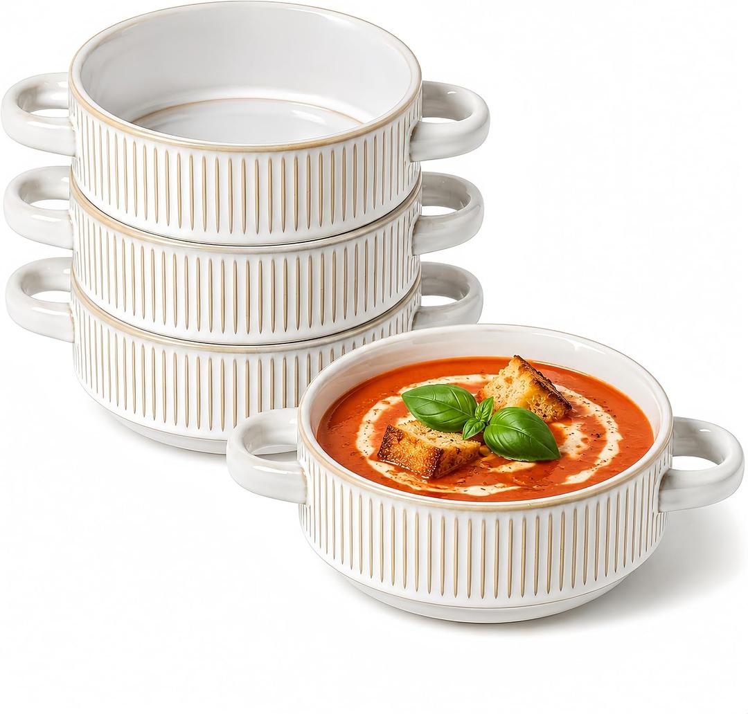 26 Oz Soup Bowls with Handles, French Onion Soup Crocks, Ceramic Soup Bowls Set of 4, Embossed Stackable Bowl for Chili, Beef Stew, Pasta, Casseroles Dish, 6 inch, Oven Dishwasher Safe