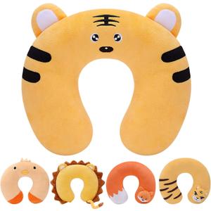 H HOMEWINS Travel Pillow for Kids,Cute Animal Toddler Neck Pillow for Boys Girls,Soft Neck Head Chin Support Pillow,Travel Accessories for Airplane, Car, Train,Recline (Tiger)