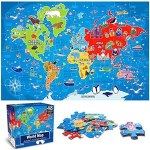 Jumbo Floor Puzzle for Kids, World Map Jigsaw Geography Puzzles,48 Piece Globe Atlas Puzzle with Continents, United States Puzzle for Ages 3-5,Preschool Learning Toys Easter Gift for 4-8 Years Old