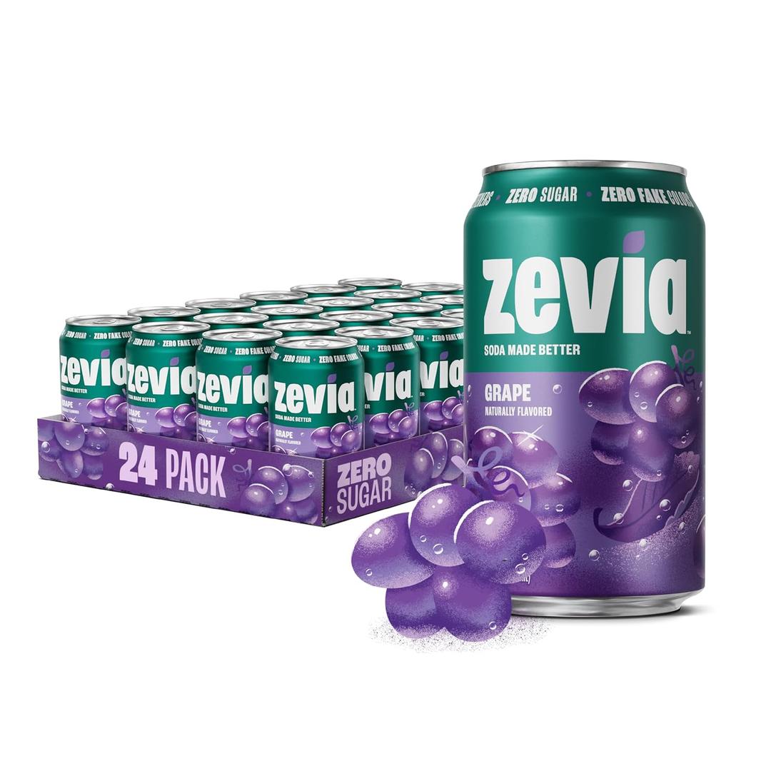Zevia Zero Sugar Soda, Grape, 12 oz Cans (24-Pack) Naturally Sweetened, Zero Calorie Sugar Free Soda - Non-GMO Project Verified, Gluten-Free, Vegan (EXP 11/22/27)