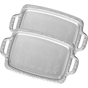 2 Pcs Silver Serving Tray with Handles, Vintage Floral Metal Silver Platter Tray, Elegant Silver Trays for Wedding Tableware Party Decoration