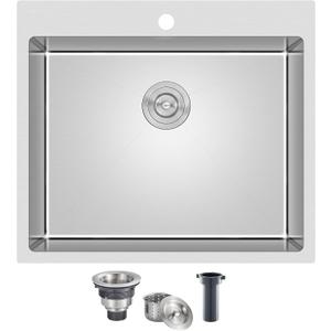 25 x 22 Inch Drop In Kitchen Sink, 18 Gauge T-304 Stainless Steel Handmade Single Bowl 1 Faucet Hole Topmount Kitchen Sink, Brushed, D25" x W22" x H9"