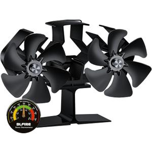 Wood Stove Fan Heat Powered Dual Motor | Non Electric Heat Activated Fan for Wood Burning Stove | Thermoelectric Fireplace Fan w/Stove Thermometer Stove Accessories