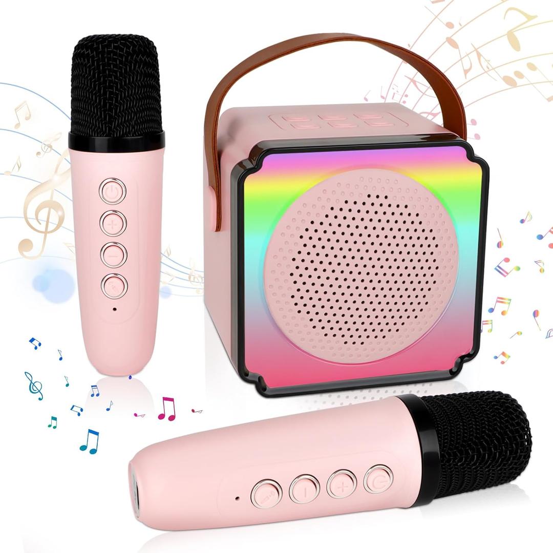 deAO Karaoke Machine for Kids Adults,Portable Bluetooth Speaker with 2 Wireless Microphones, Fun Voice Changing Function-Toys for 3+ Years Old Girl Boys Birthday Gifts (Pink)