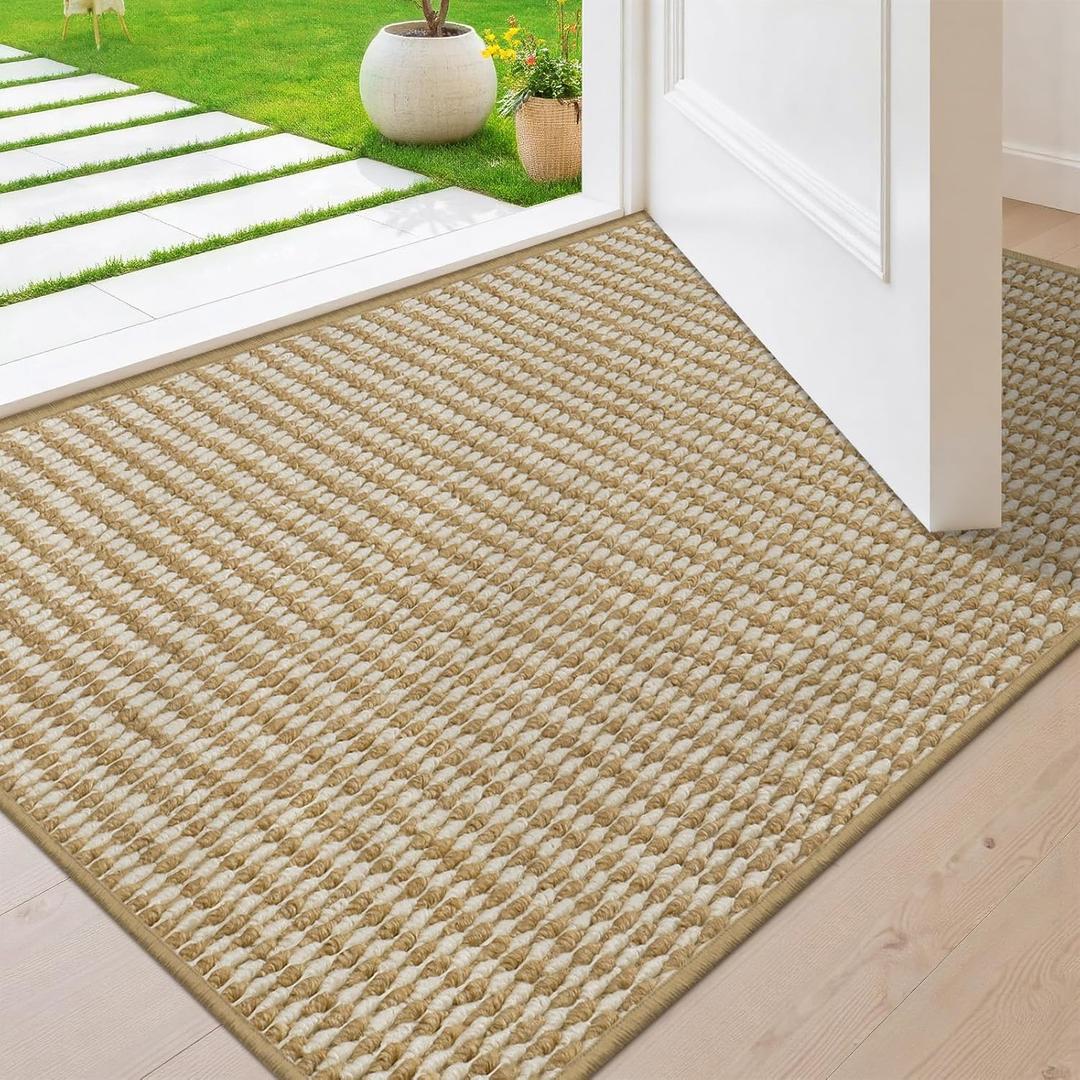 BEISIFLOOR Dirt Trapper Door Mat 20" x 32", NonSlip Indoor Door Mats, Absorbent Washable Door Mat Indoor Entrance, LowProfile Inside Doormat Floor Rugs for Entryway and Entry, Beige White (Fold)