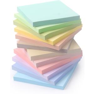 Sticky Notes 3x3 Inch, 12 Pack, 12 Pastel Multi Colors Note Pads, 50 Sheets/Pad, Perfect for Office, School, and Home Organization