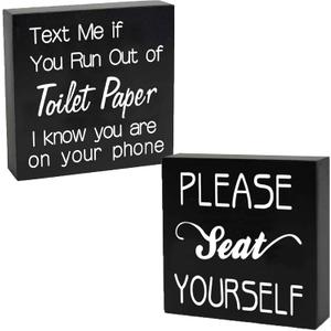 2 PCS Farmhouse Bathroom Signs Decor Wood Box Sign, Rustic Bathroom Wall Art Decor, Funny Restroom Guest Bathroom Decor for Shelves and Wall Black